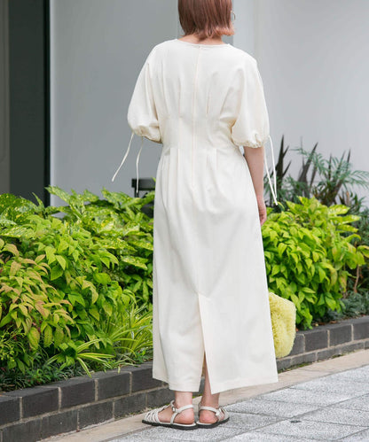 2尺碼可選抽繩袖腰部褶皺連衣裙