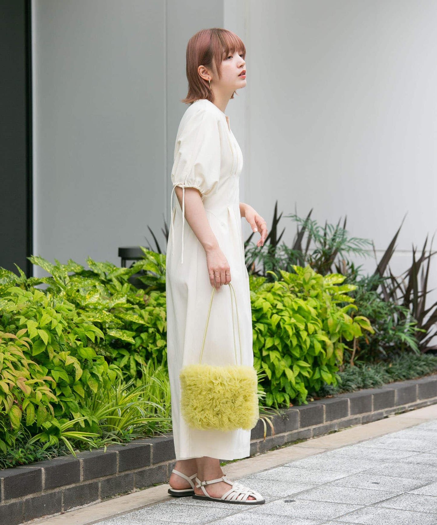 2尺碼可選抽繩袖腰部褶皺連衣裙