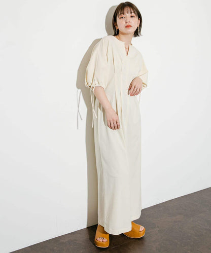 2尺碼可選抽繩袖腰部褶皺連衣裙