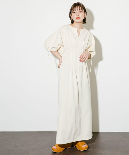 2尺碼可選抽繩袖腰部褶皺連衣裙