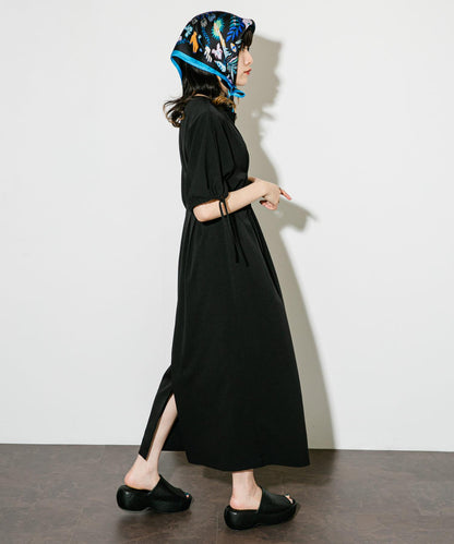 2尺碼可選抽繩袖腰部褶皺連衣裙