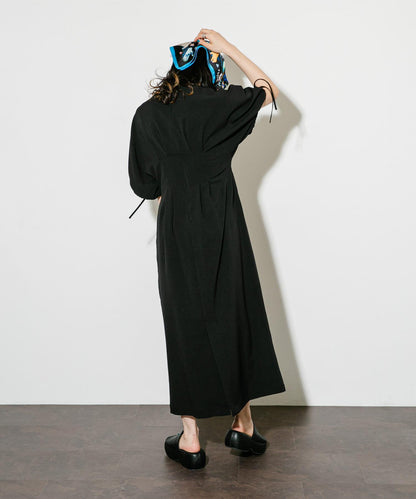 2尺碼可選抽繩袖腰部褶皺連衣裙