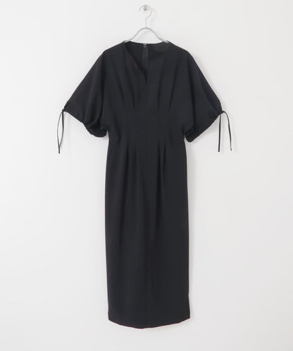 2尺碼可選抽繩袖腰部褶皺連衣裙