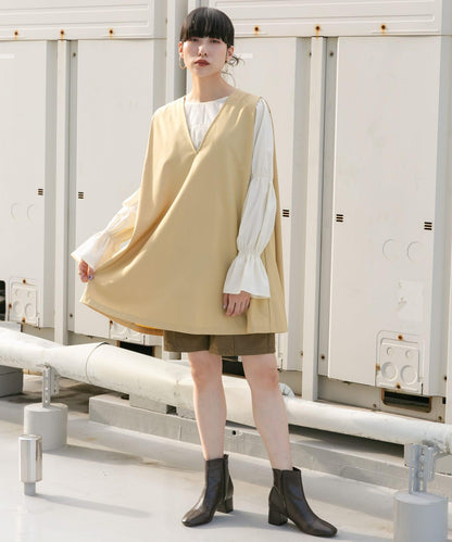 肩部褶皺設計迷你連衣裙