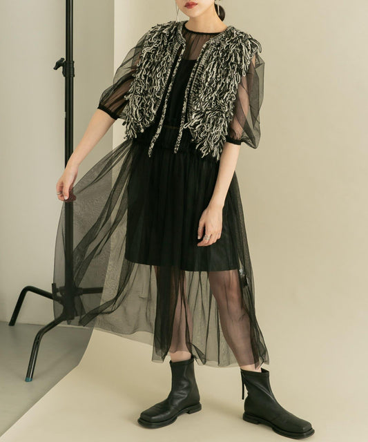 泡泡袖網紗連衣裙