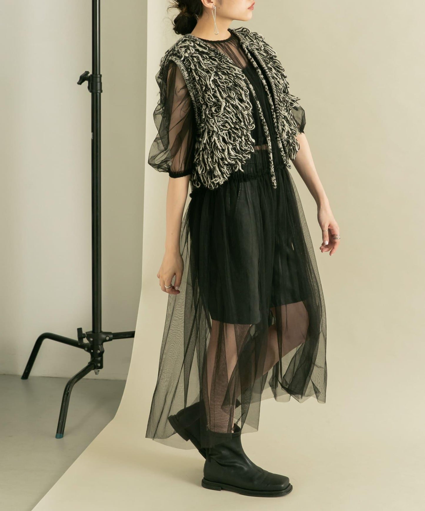 泡泡袖網紗連衣裙