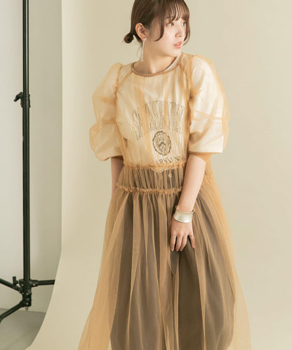 泡泡袖網紗連衣裙