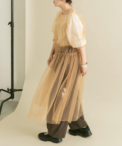 泡泡袖網紗連衣裙