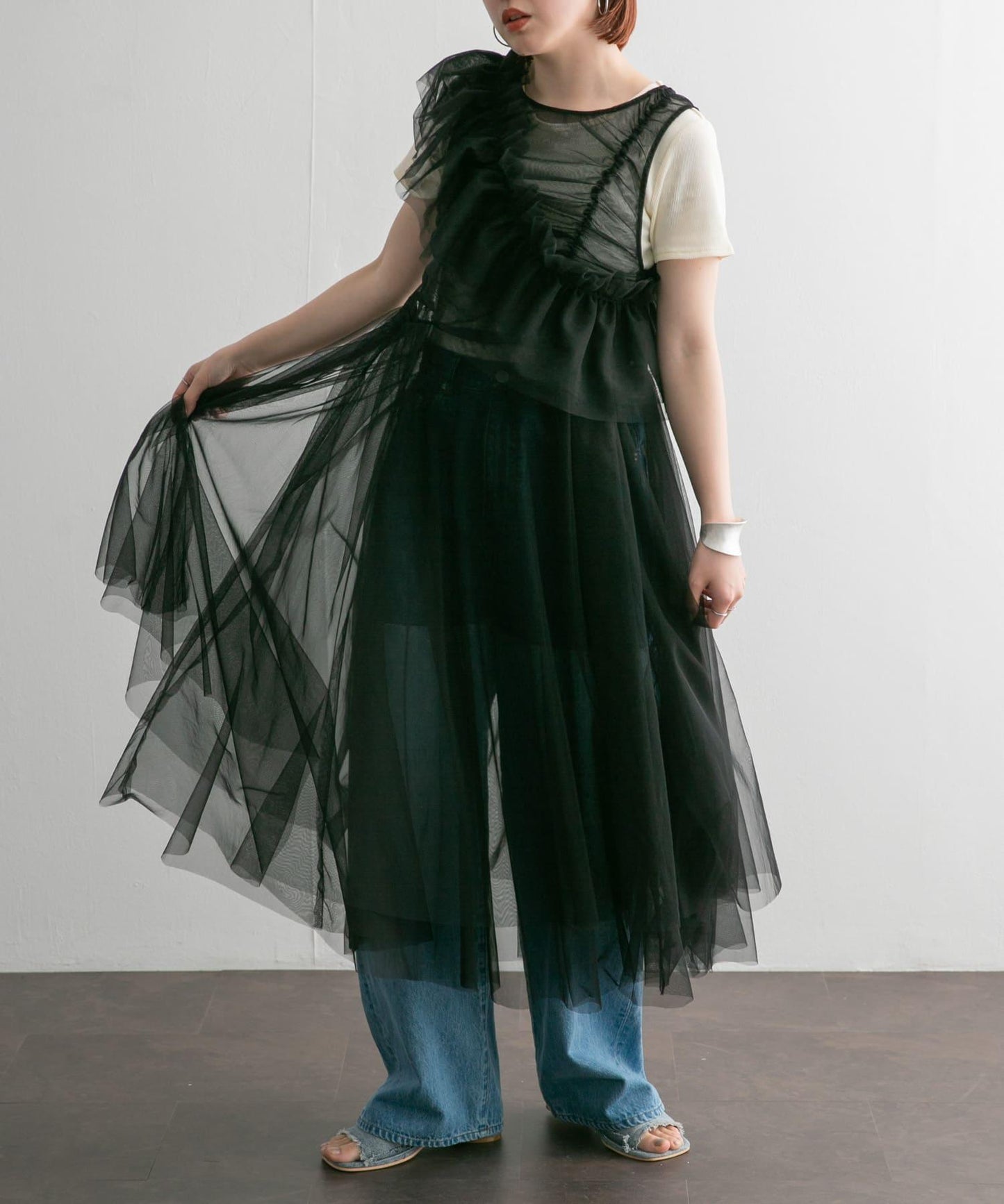 荷葉邊套裝網紗連衣裙