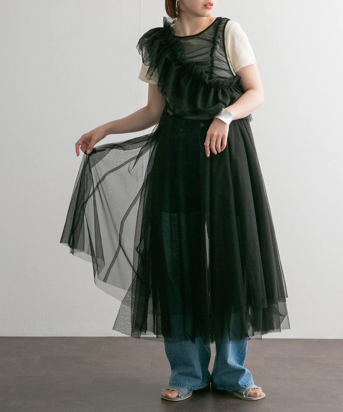 荷葉邊套裝網紗連衣裙