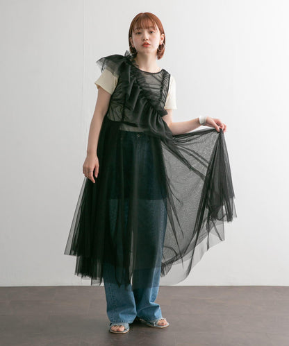 荷葉邊套裝網紗連衣裙