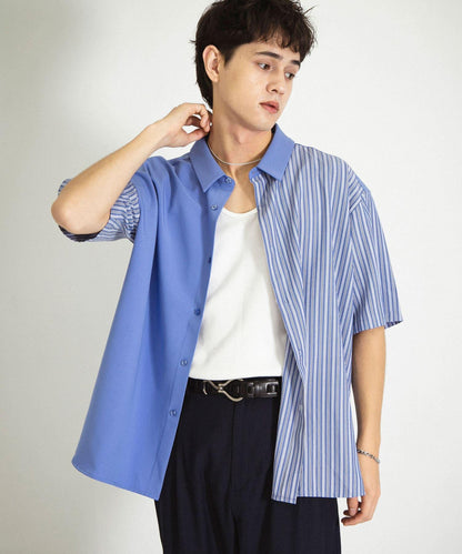 拼色條紋五分袖襯衫