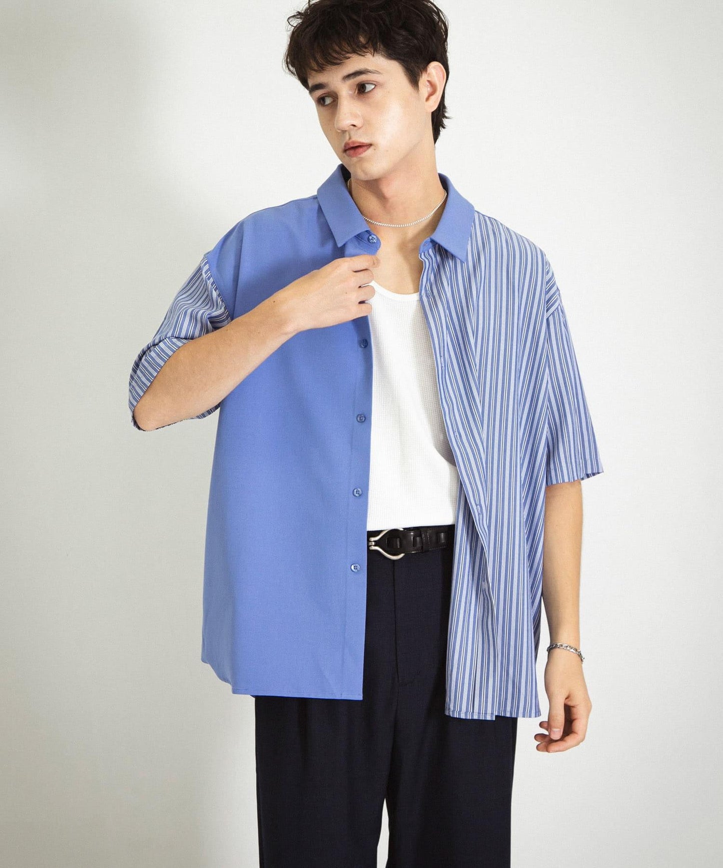 拼色條紋五分袖襯衫