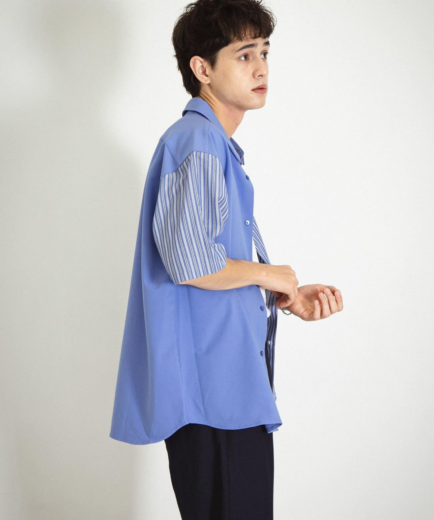 拼色條紋五分袖襯衫