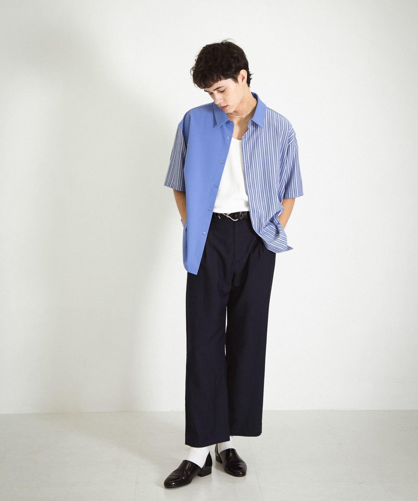 拼色條紋五分袖襯衫