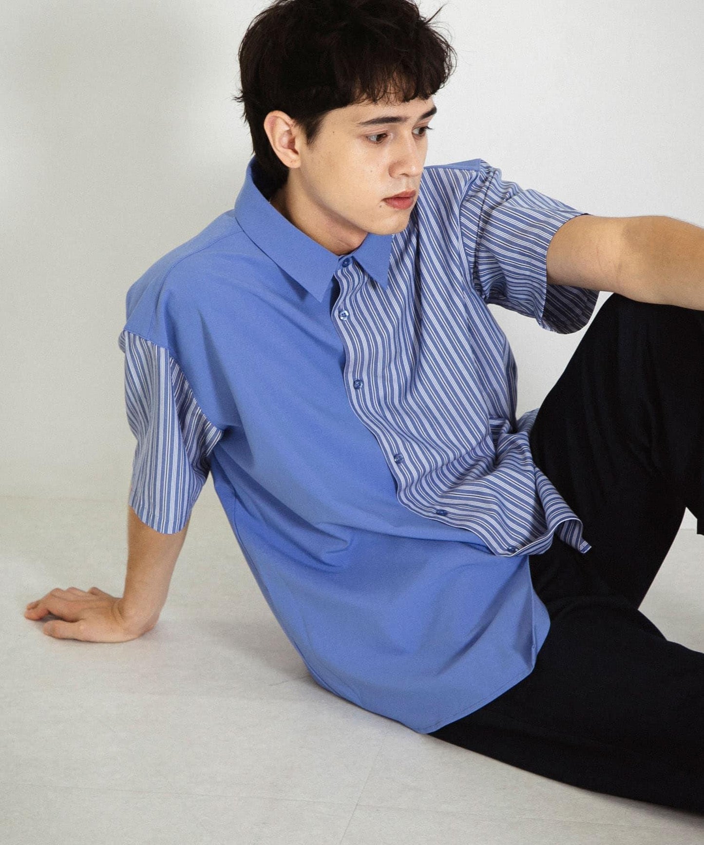 拼色條紋五分袖襯衫