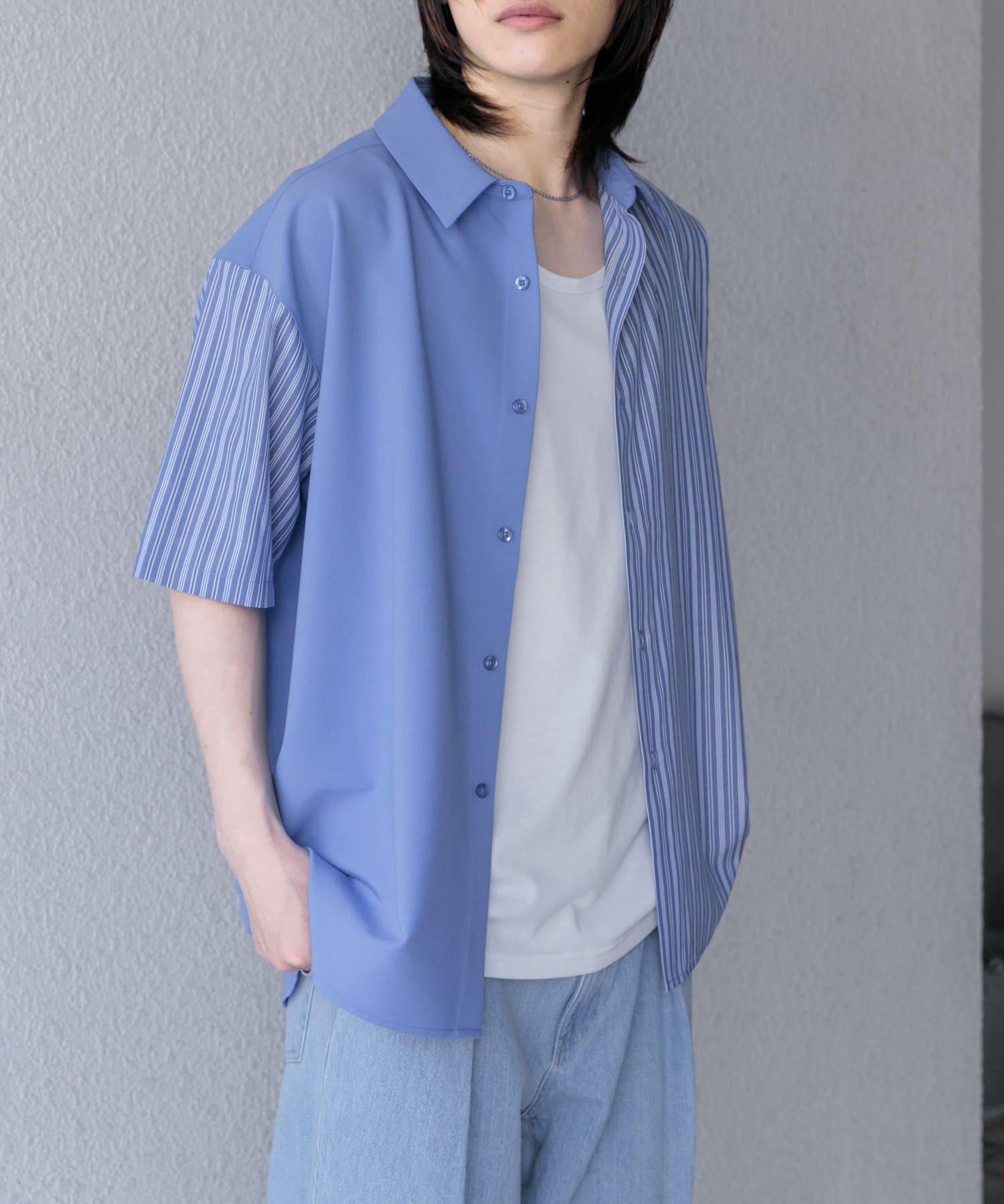 拼色條紋五分袖襯衫