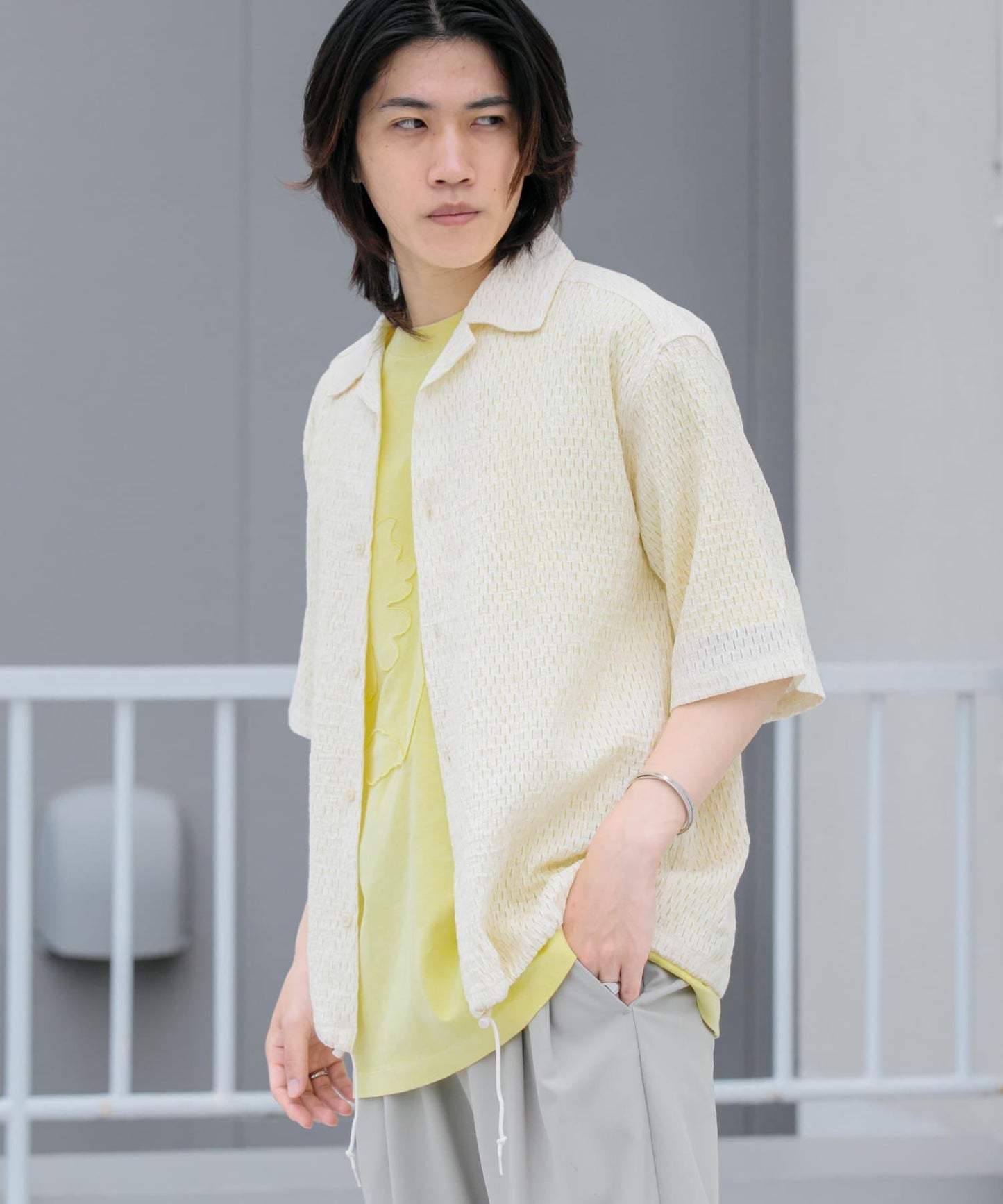 透視蕾絲抽繩開領襯衫