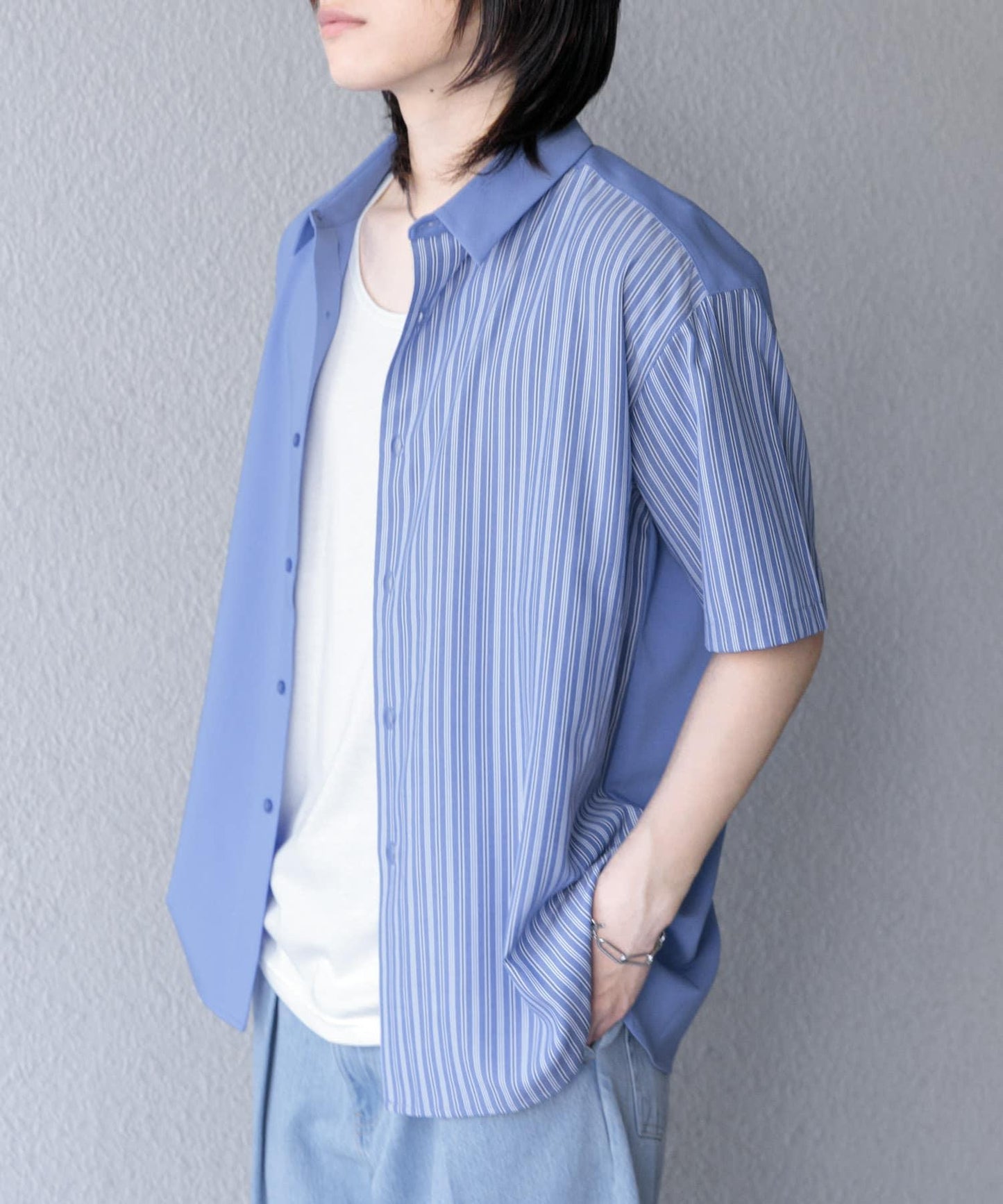 拼色條紋五分袖襯衫