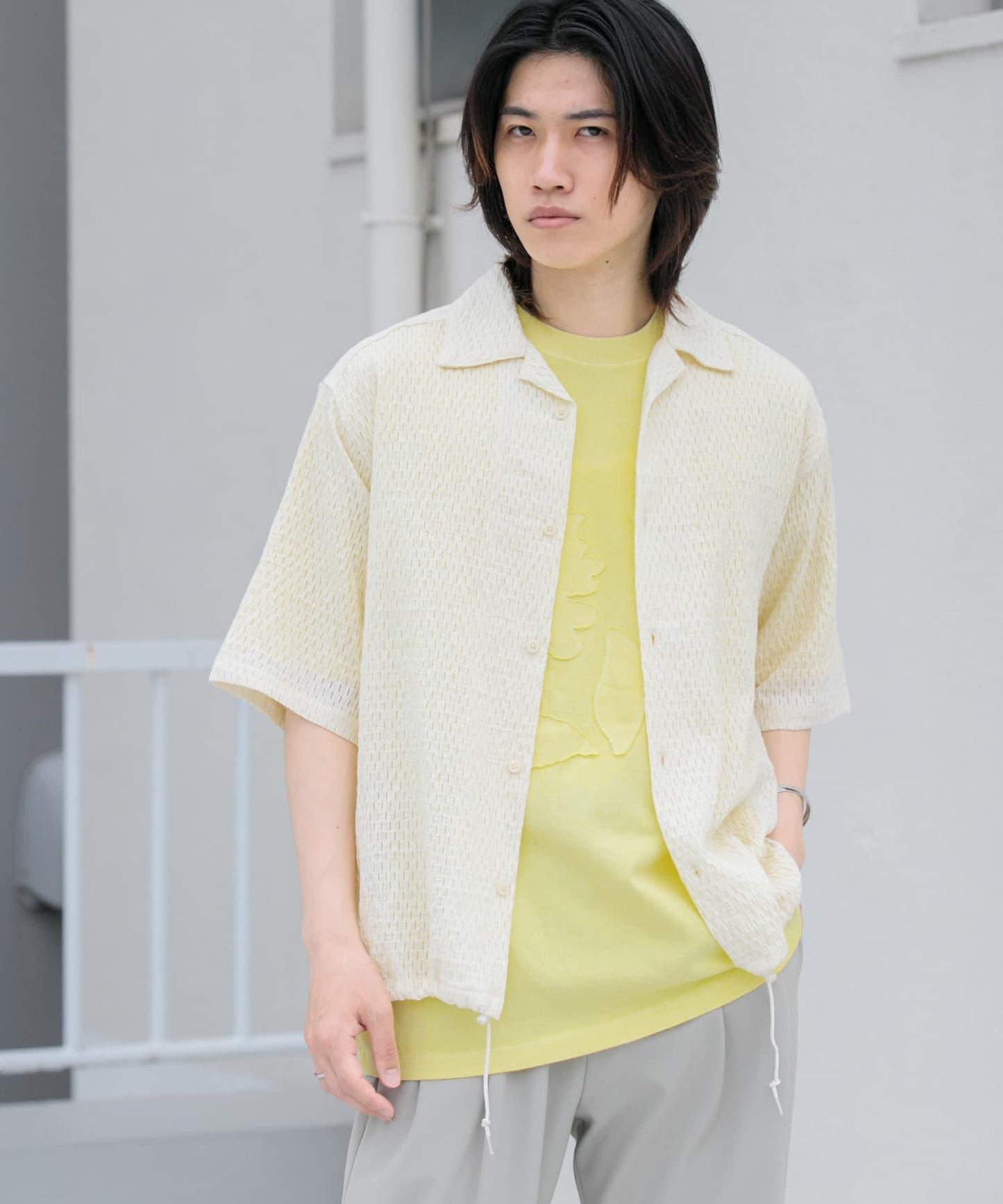 透視蕾絲抽繩開領襯衫