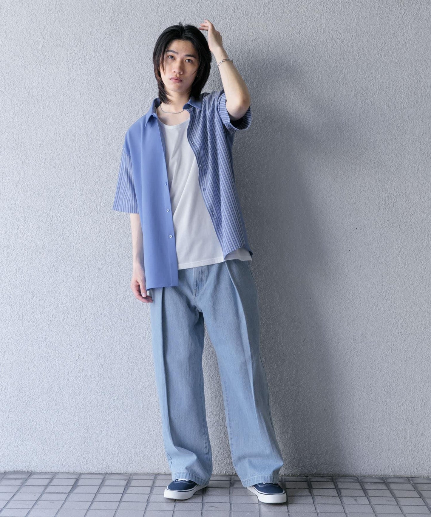 拼色條紋五分袖襯衫