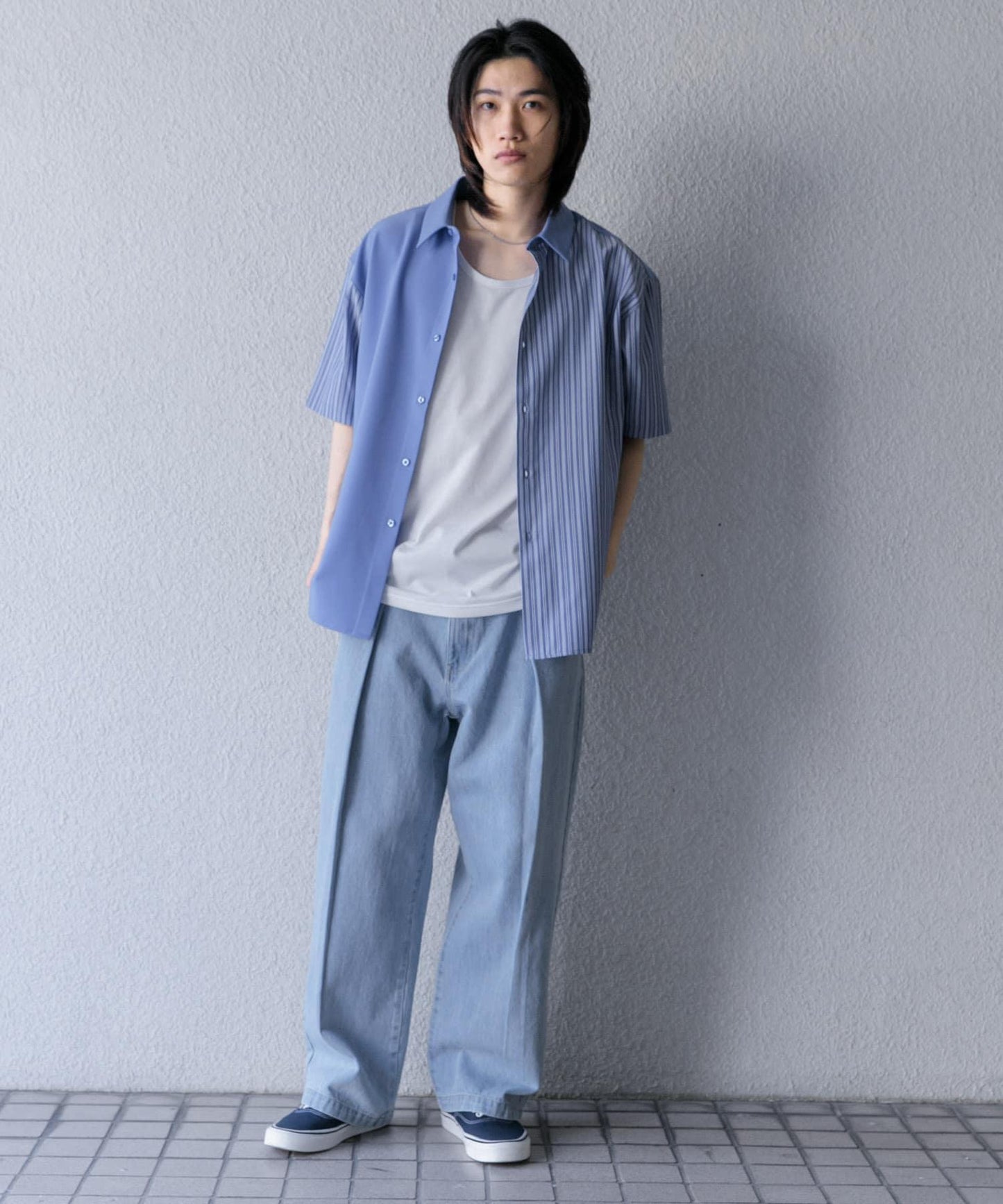 拼色條紋五分袖襯衫