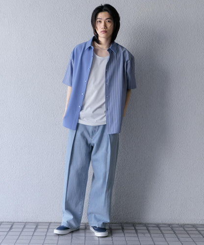 拼色條紋五分袖襯衫