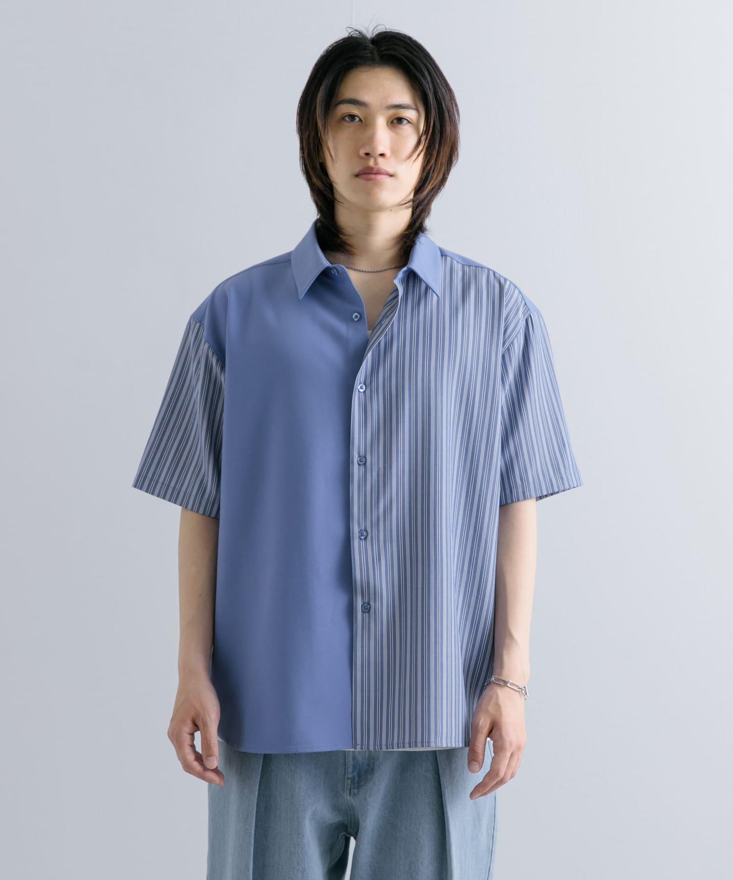 拼色條紋五分袖襯衫