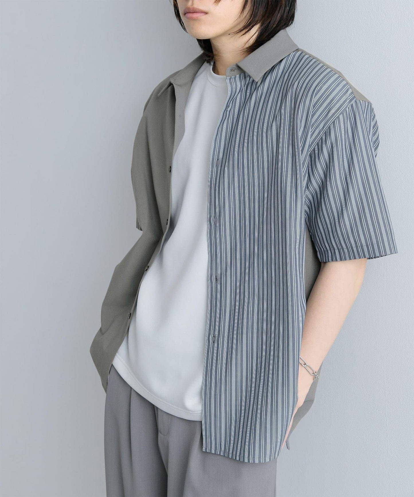 拼色條紋五分袖襯衫