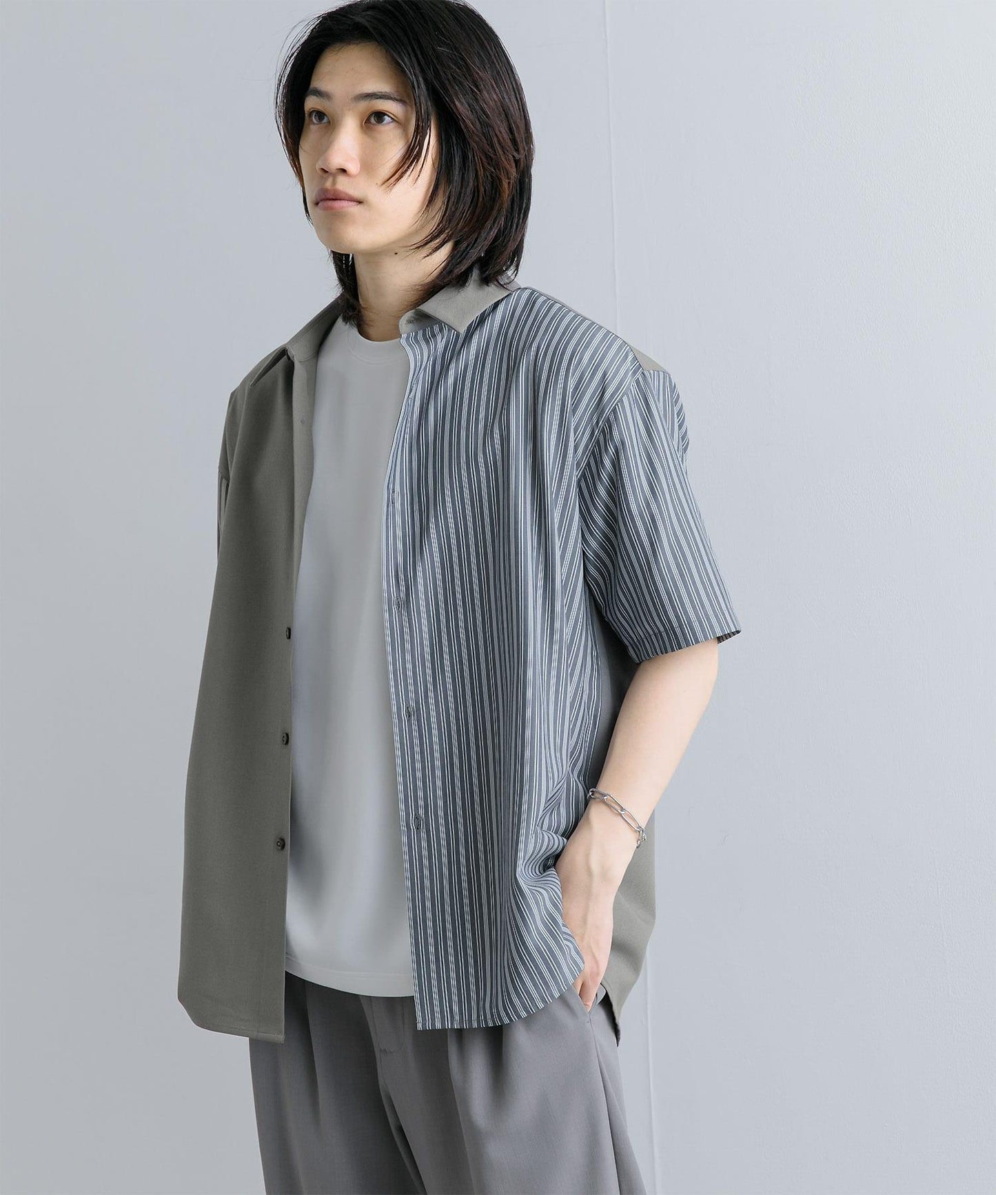 拼色條紋五分袖襯衫