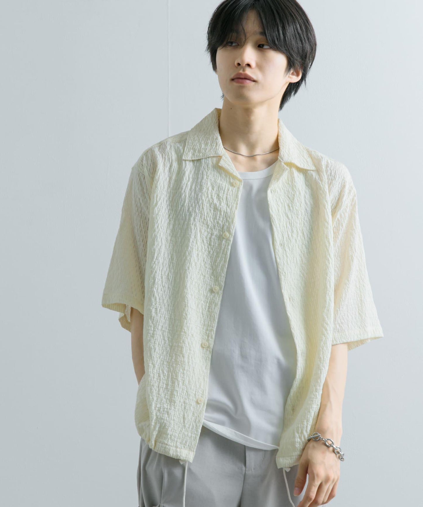 透視蕾絲抽繩開領襯衫