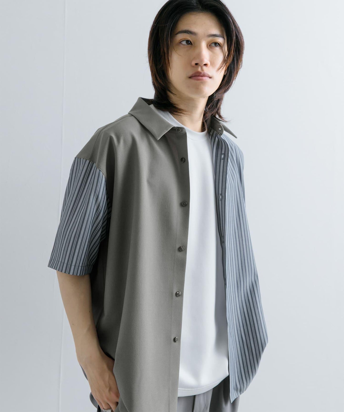 拼色條紋五分袖襯衫