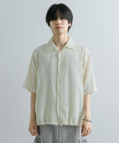 透視蕾絲抽繩開領襯衫