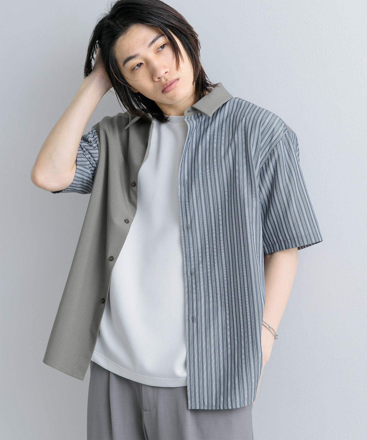 拼色條紋五分袖襯衫