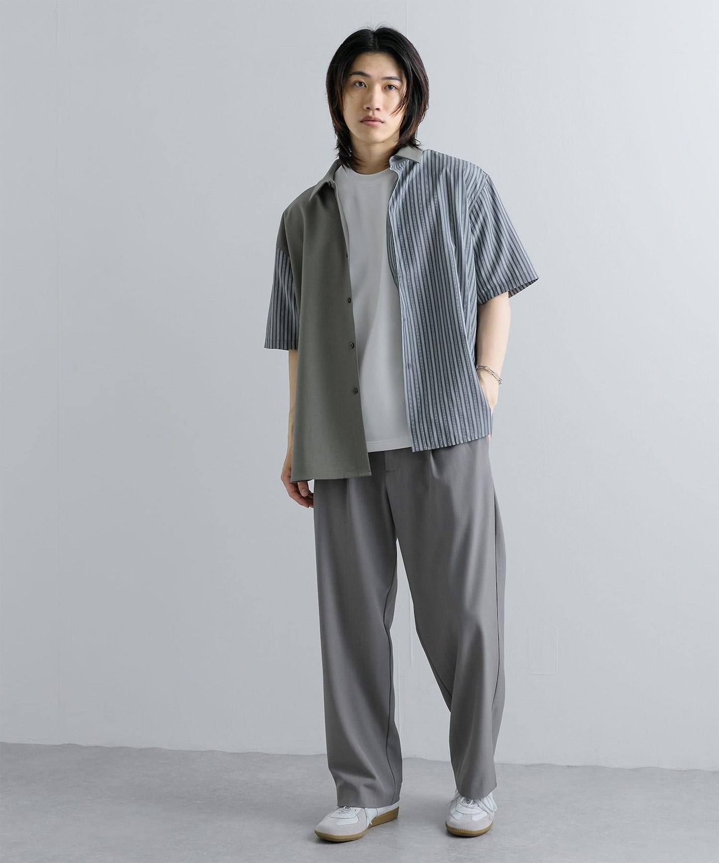 拼色條紋五分袖襯衫