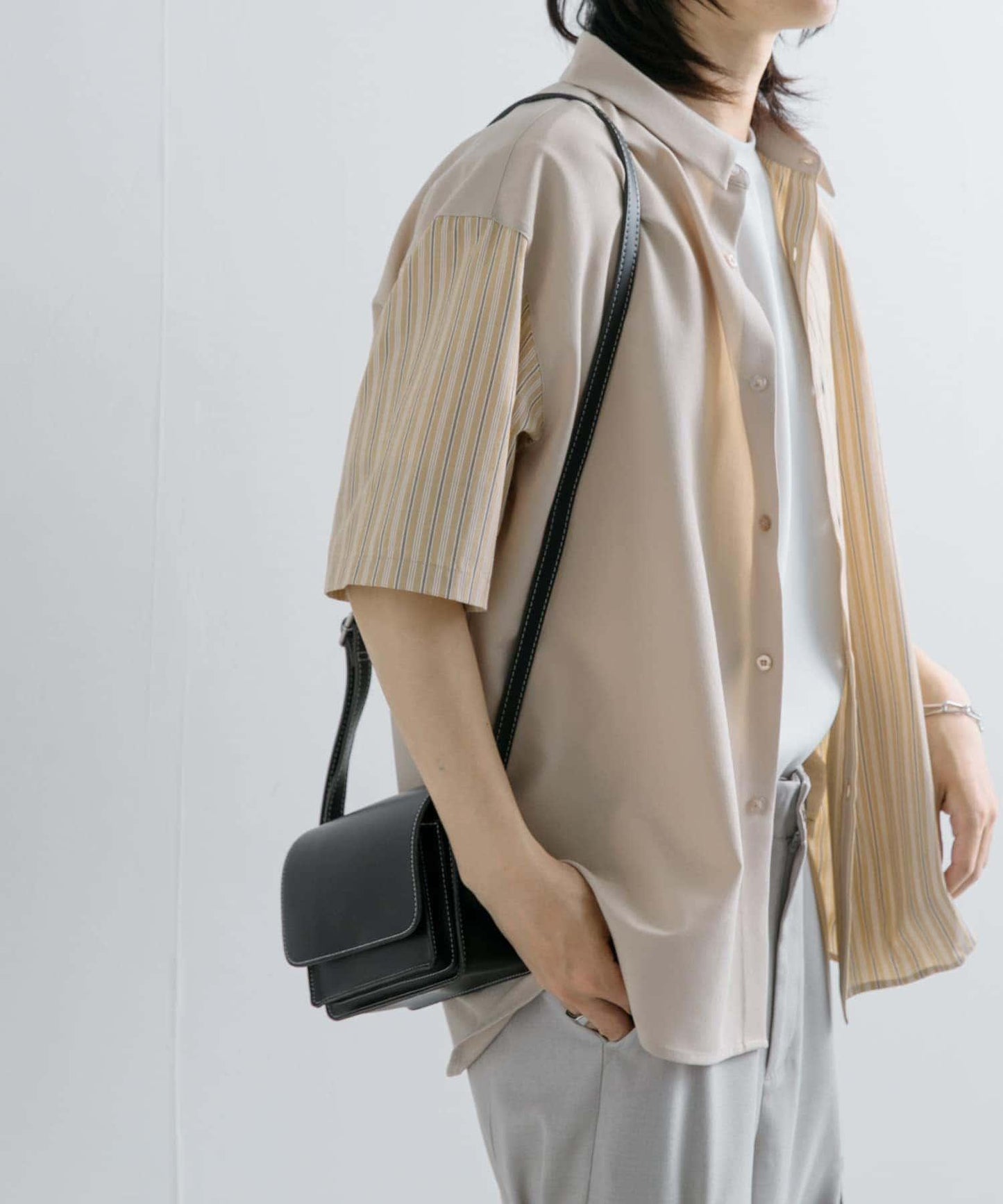 拼色條紋五分袖襯衫