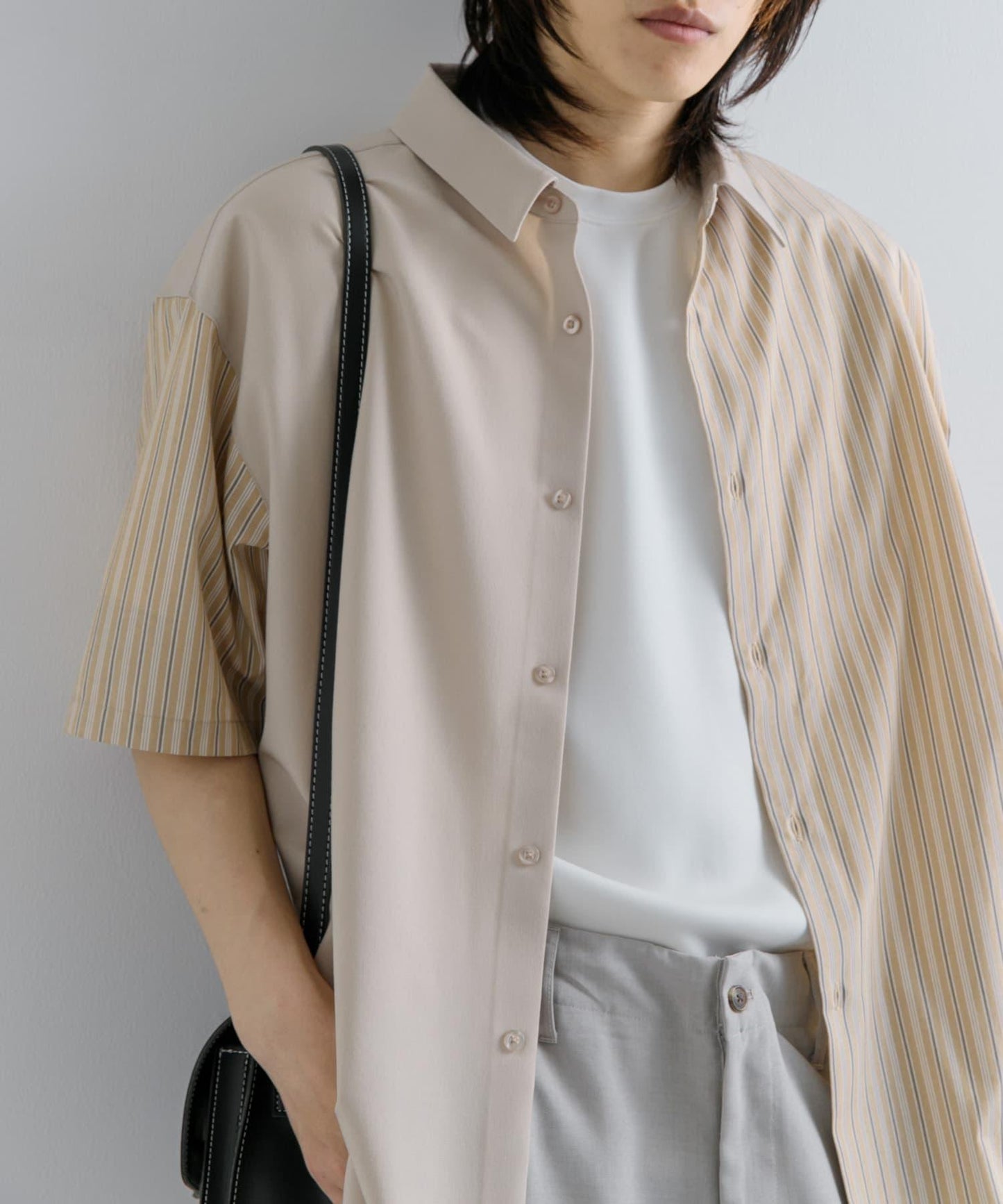 拼色條紋五分袖襯衫