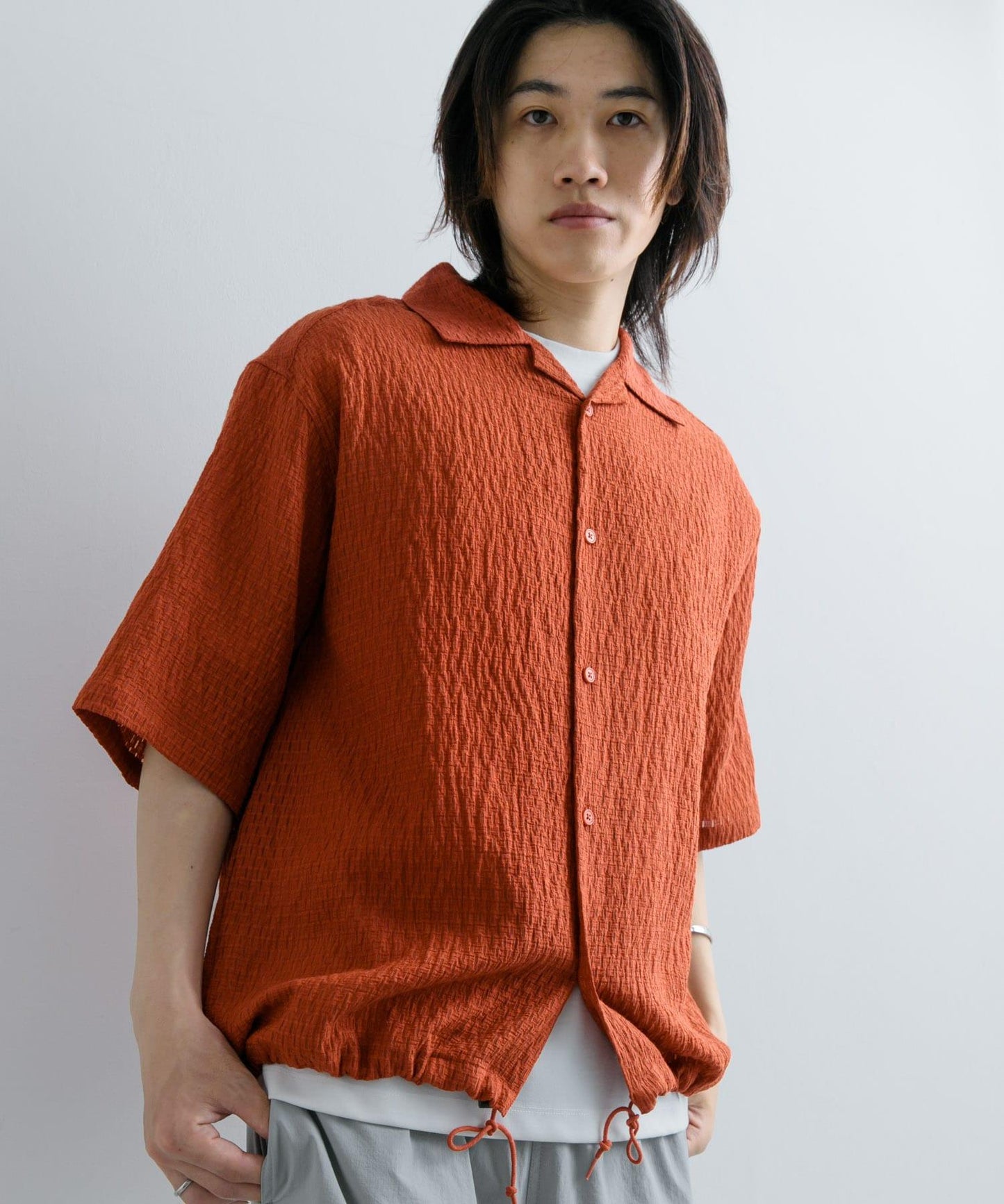 透視蕾絲抽繩開領襯衫