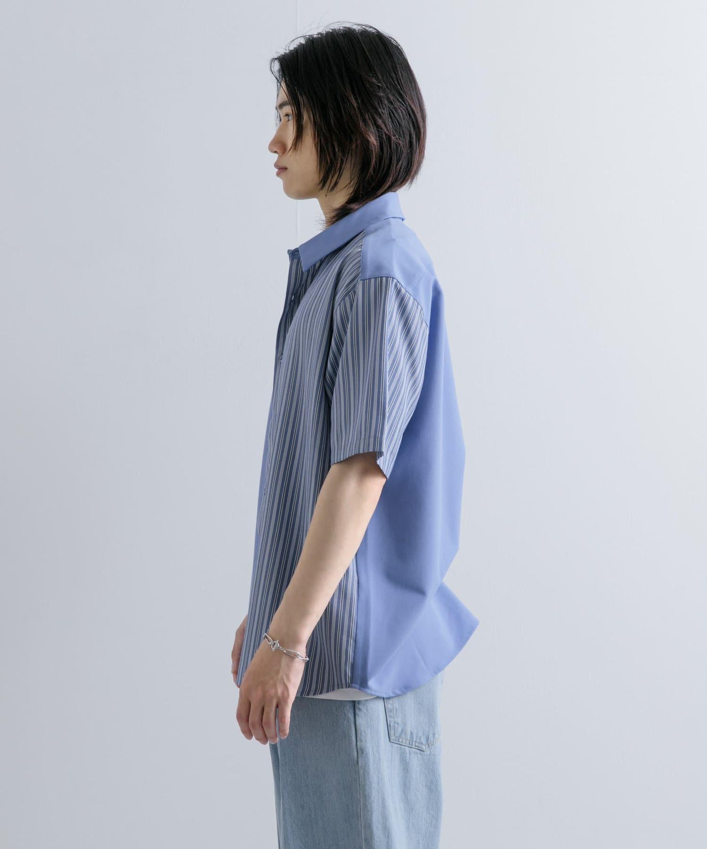 拼色條紋五分袖襯衫