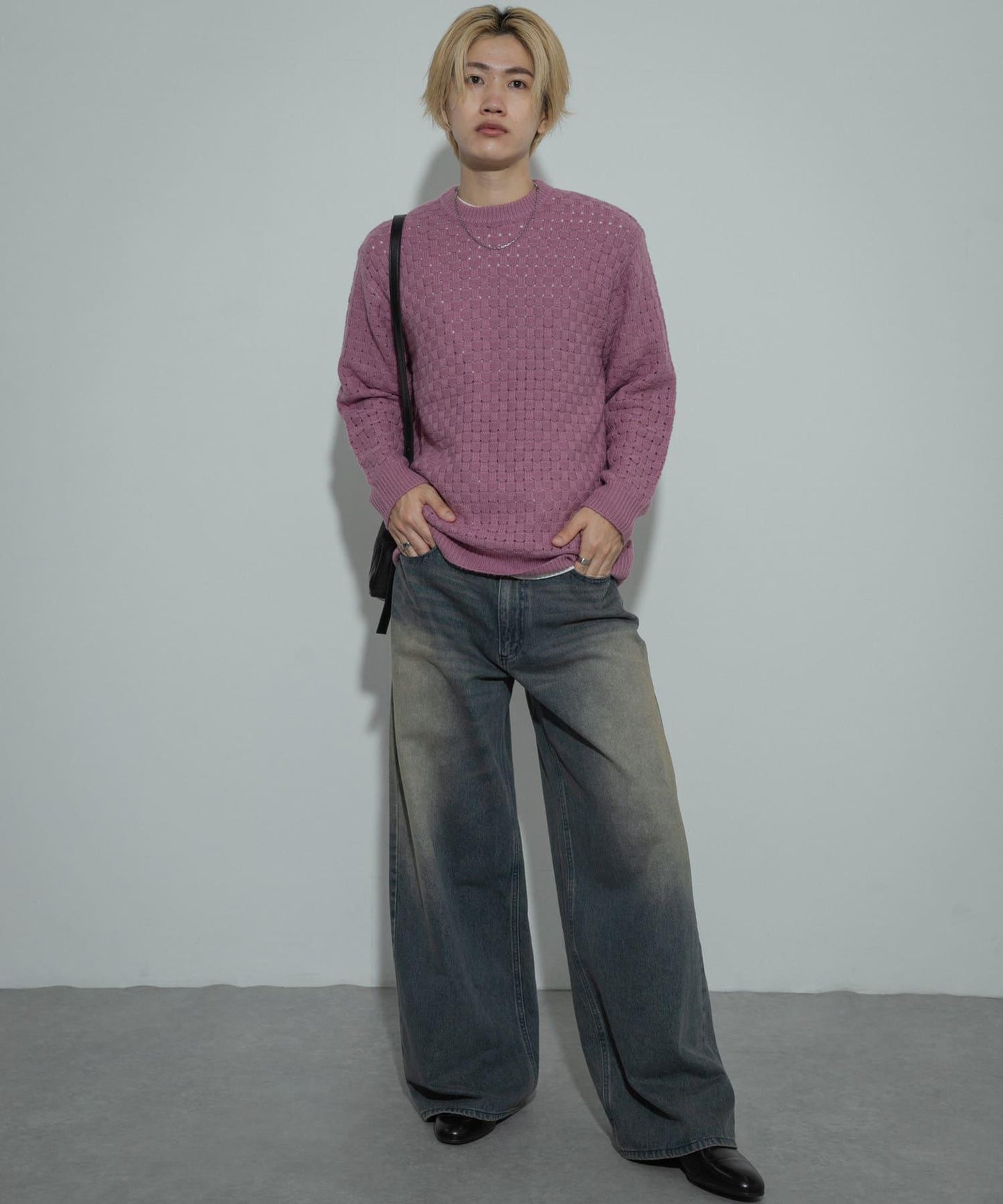 交叉編織透視圓領針織衫