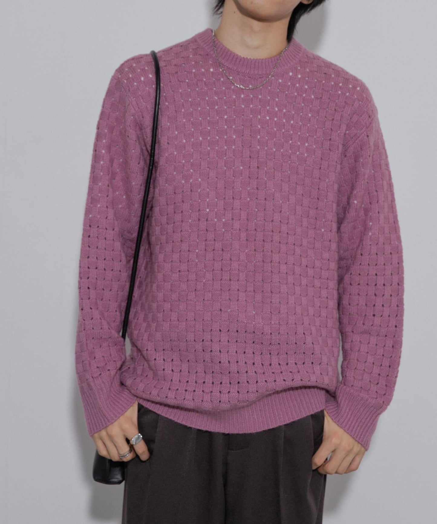 交叉編織透視圓領針織衫