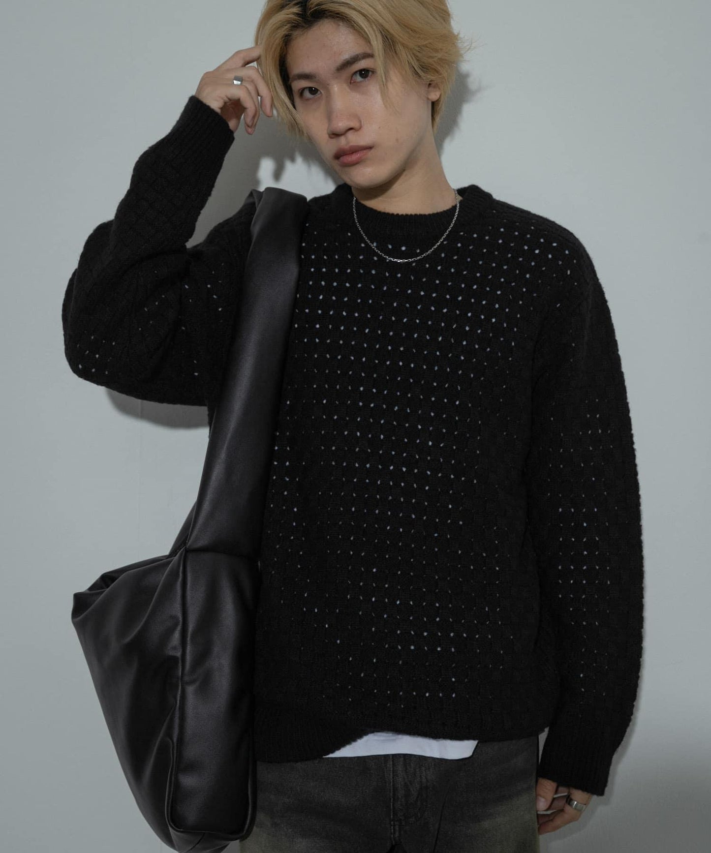 交叉編織透視圓領針織衫