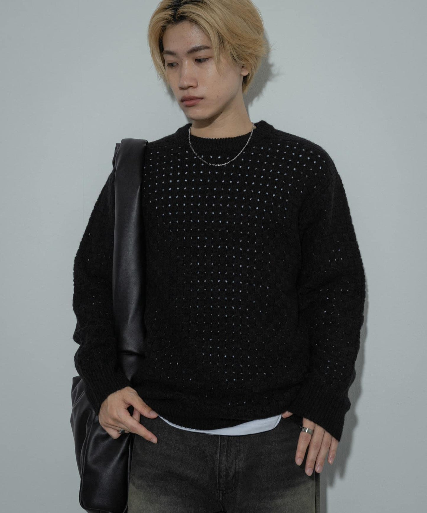 交叉編織透視圓領針織衫