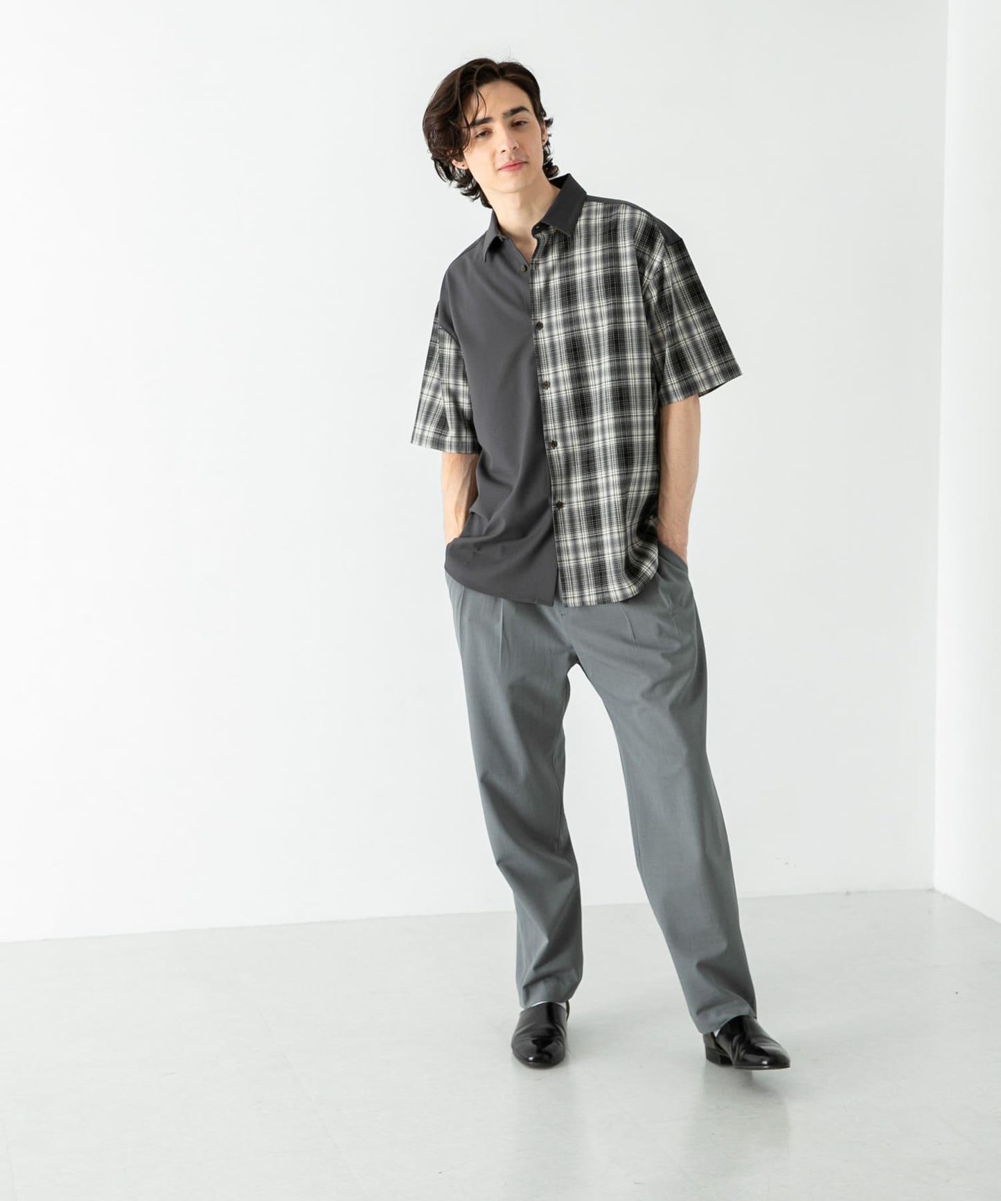 格紋寬鬆襯衫（五分袖）