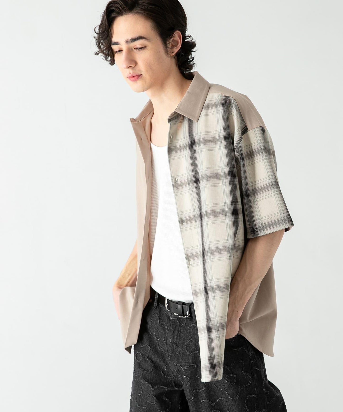 格紋寬鬆襯衫（五分袖）