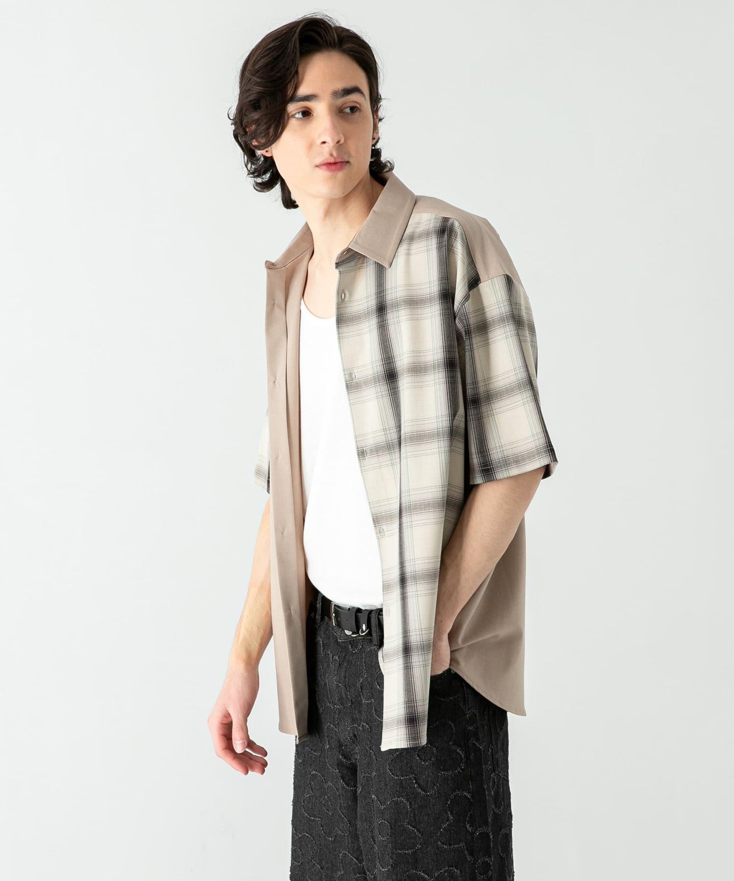 格紋寬鬆襯衫（五分袖）