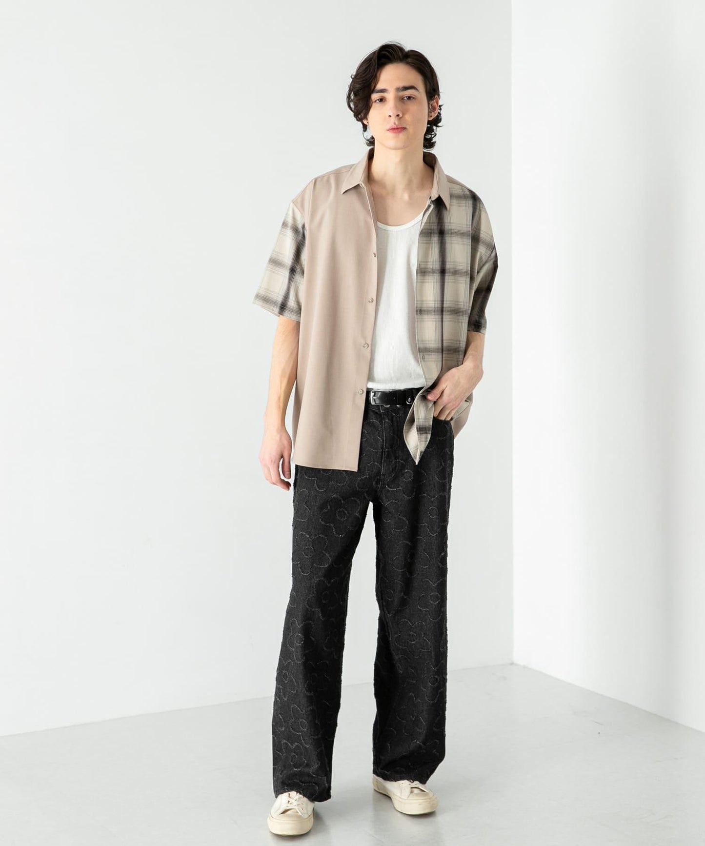 格紋寬鬆襯衫（五分袖）