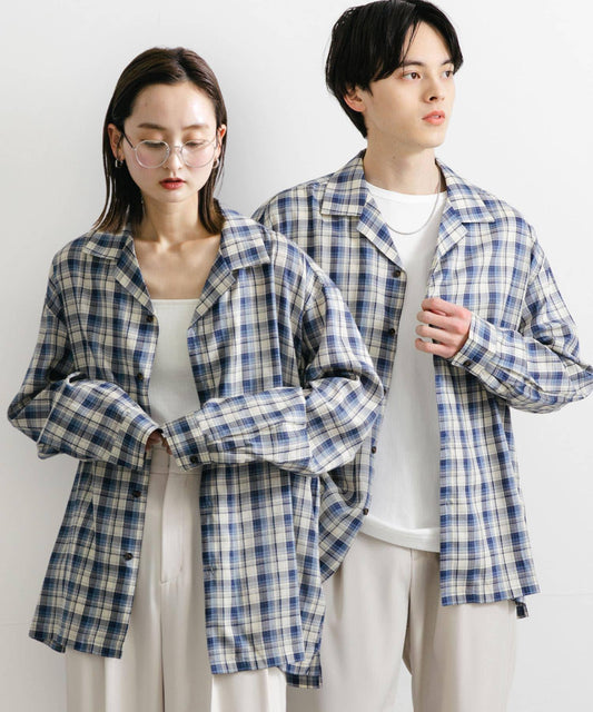 中性款透視格紋開領長袖襯衫