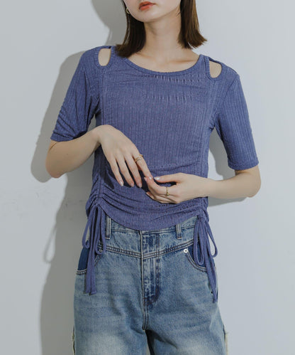 鏤空褶皺上衣（五分袖）