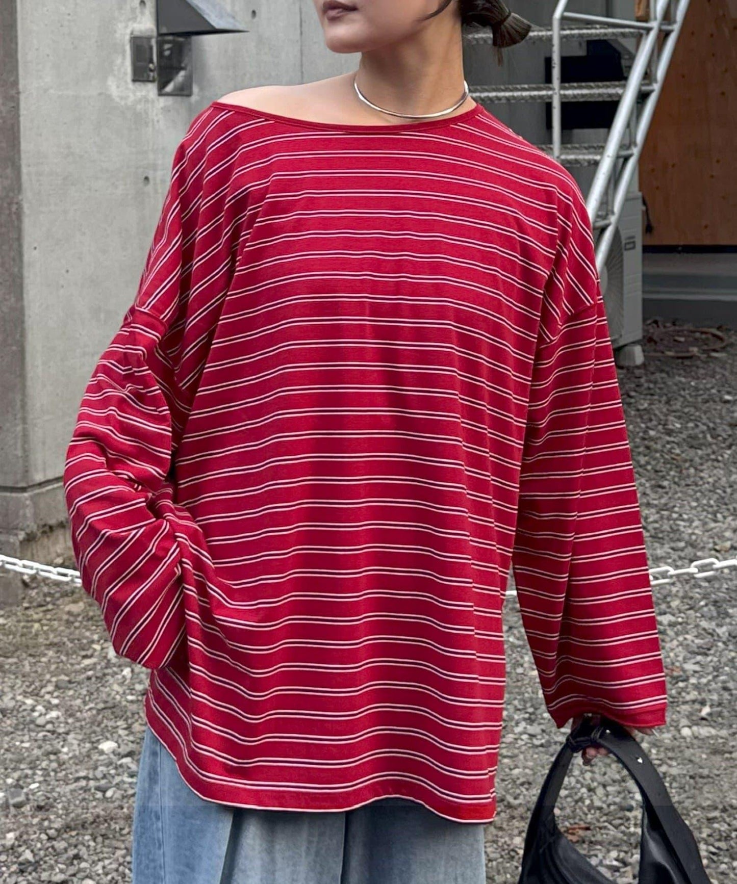 透視斜紋條紋單點刺繡寬鬆T恤